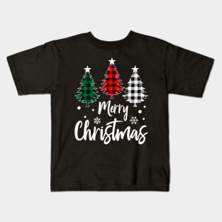 Merry Christmas Tree Xmas Buffalo Plaid Red White Green Kids T-Shirt